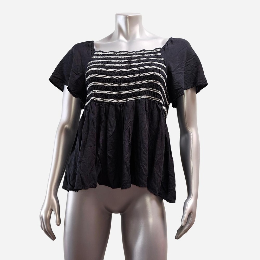 SO Goods for Life Black Babydoll Top Women XL Smocked Embroidered Blouse Blk New